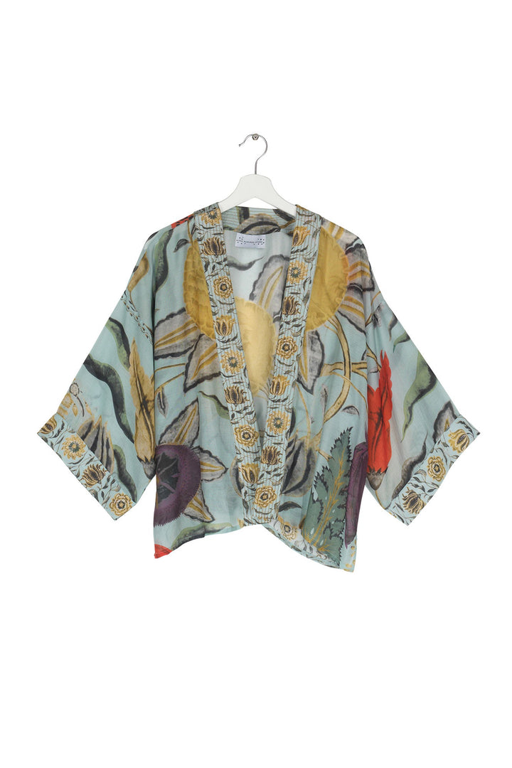 Women's short kimono in aqua with floral joy print by One Hundred Stars