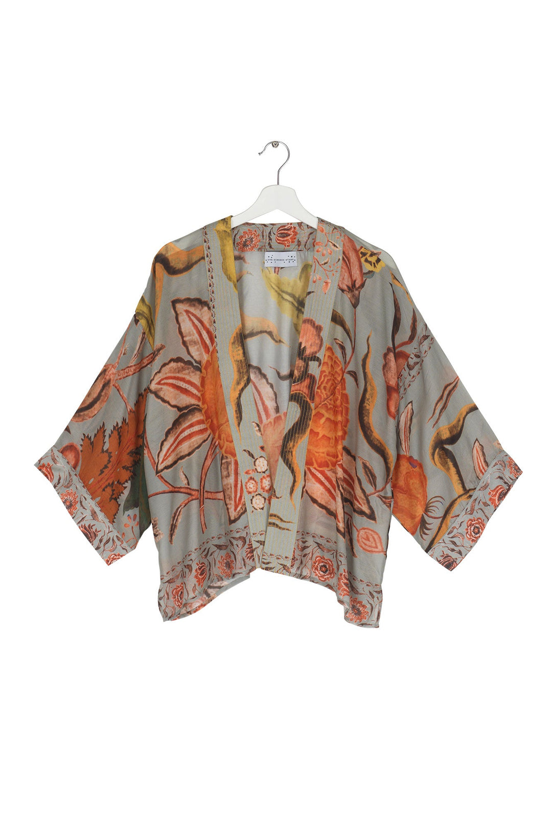 Women's short kimono in green with floral joy print by One Hundred Stars