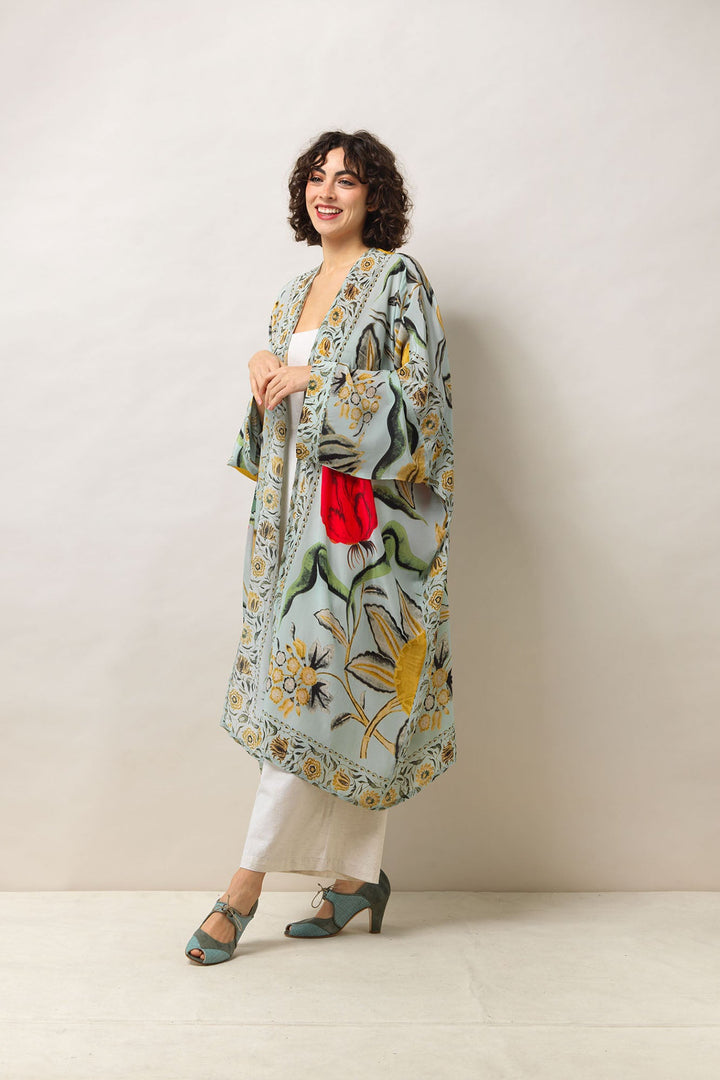 Women's long kimono in aqua with floral joy print by One Hundred Stars