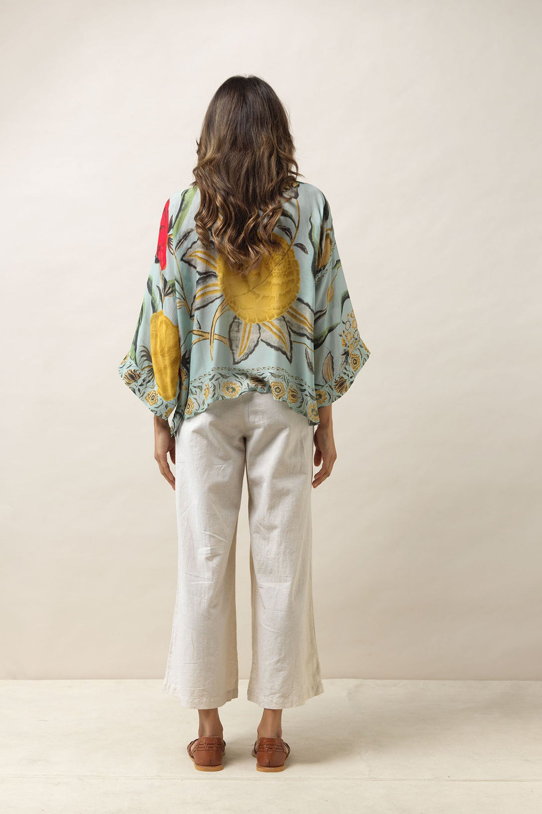 Women's short kimono in aqua with floral joy print by One Hundred Stars