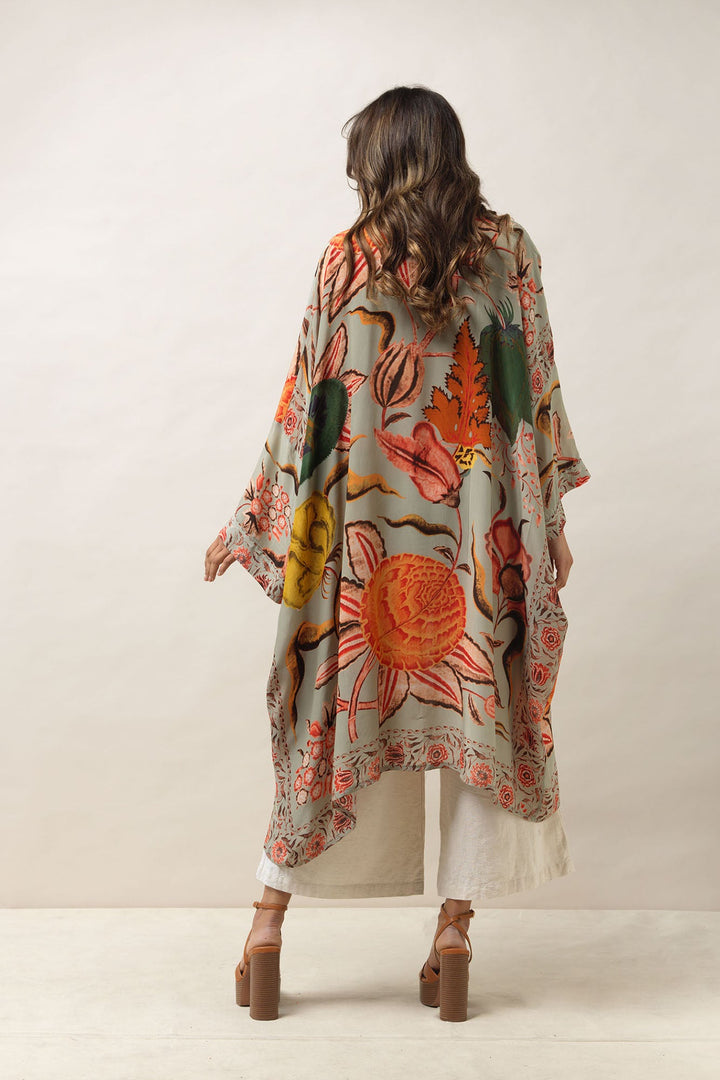Women's long kimono in green with floral joy print by One Hundred Stars
