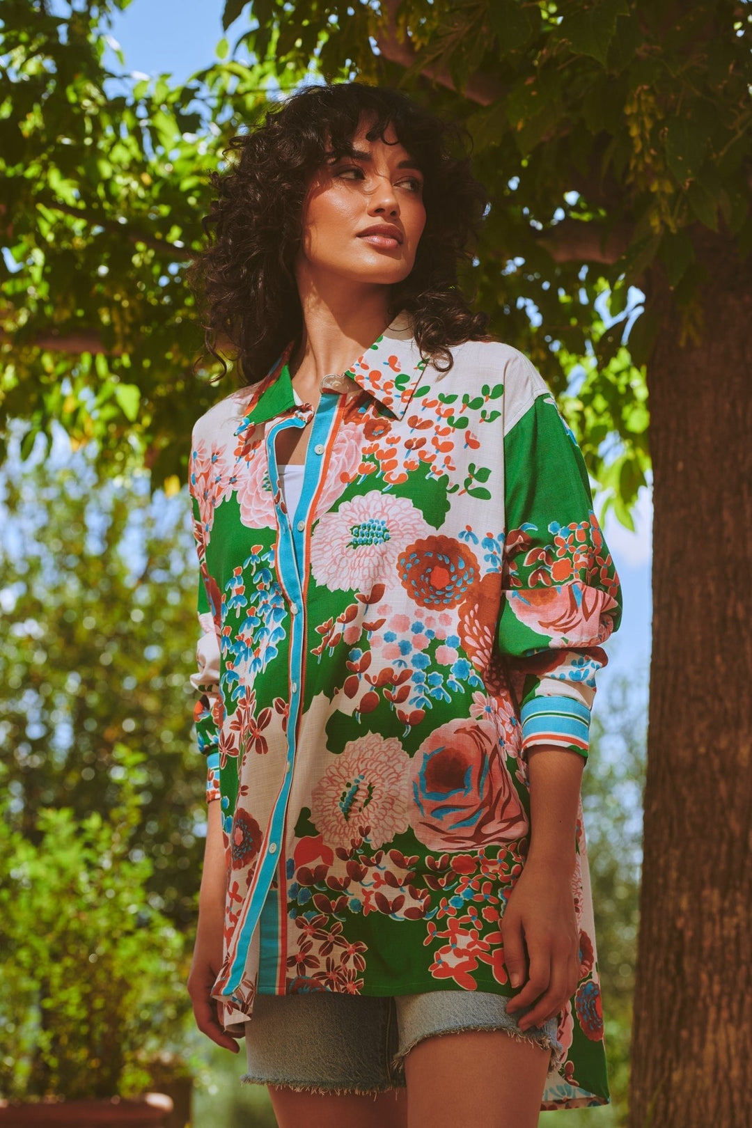 Kitsch Bouquet Green Oversized Shirt - One Hundred Stars