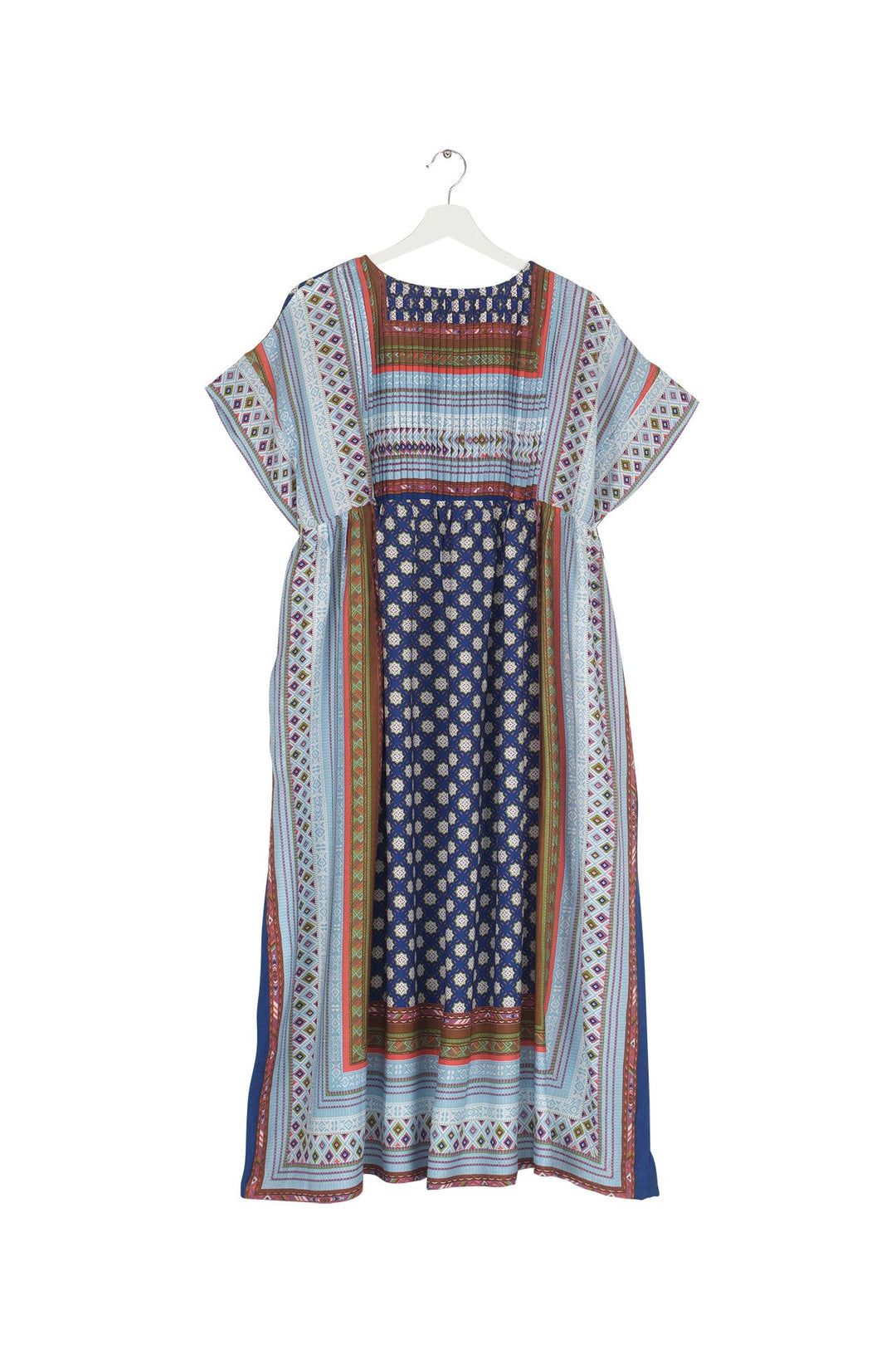 Women's short sleeve pleated dress in indigo with moorish print by One Hundred Stars