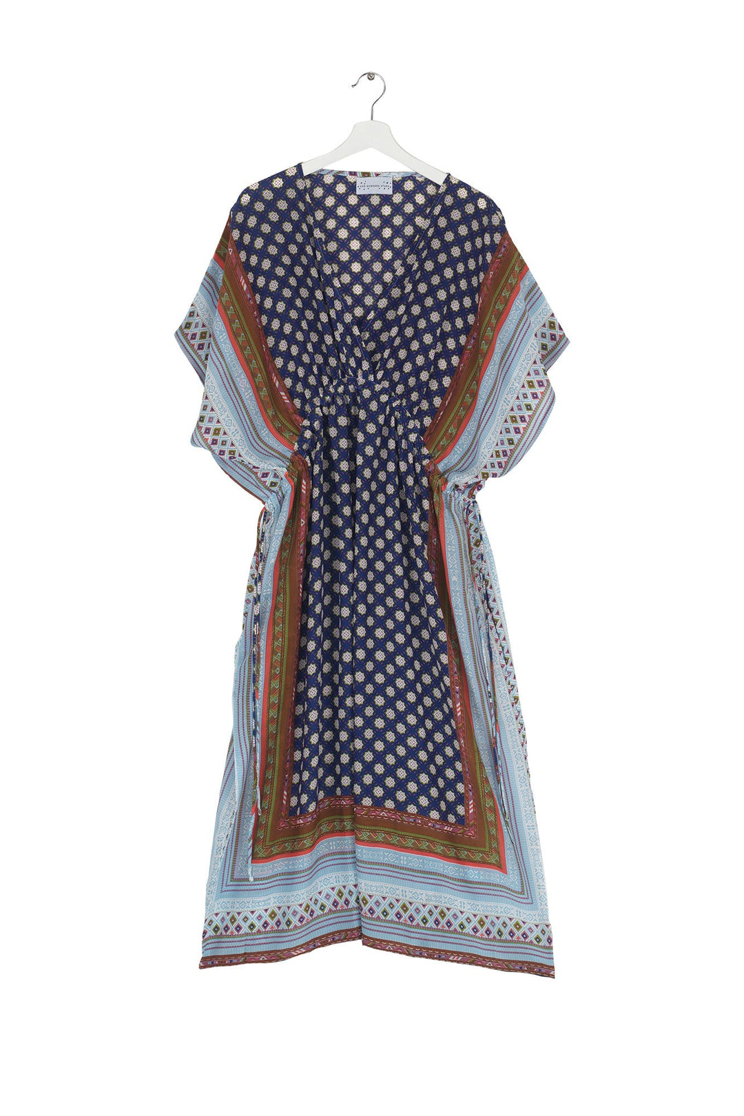Women's lightweight beach cover up dress with tie waist in indigo with moorish print by One Hundred Stars