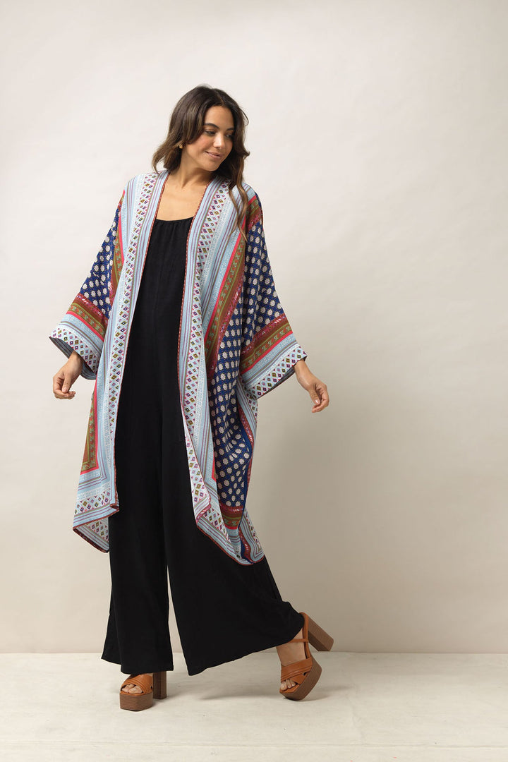 Women's long kimono in indigo with moorish print by One Hundred Stars