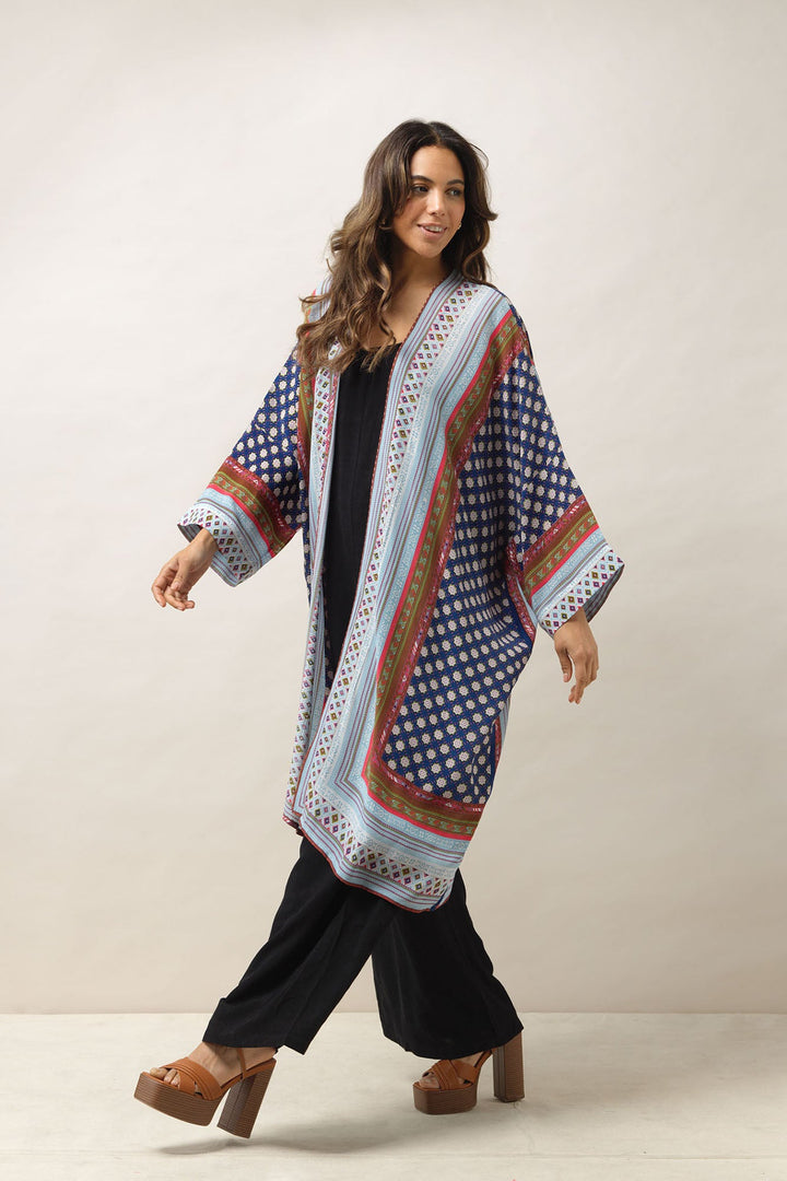Women's long kimono in indigo with moorish print by One Hundred Stars