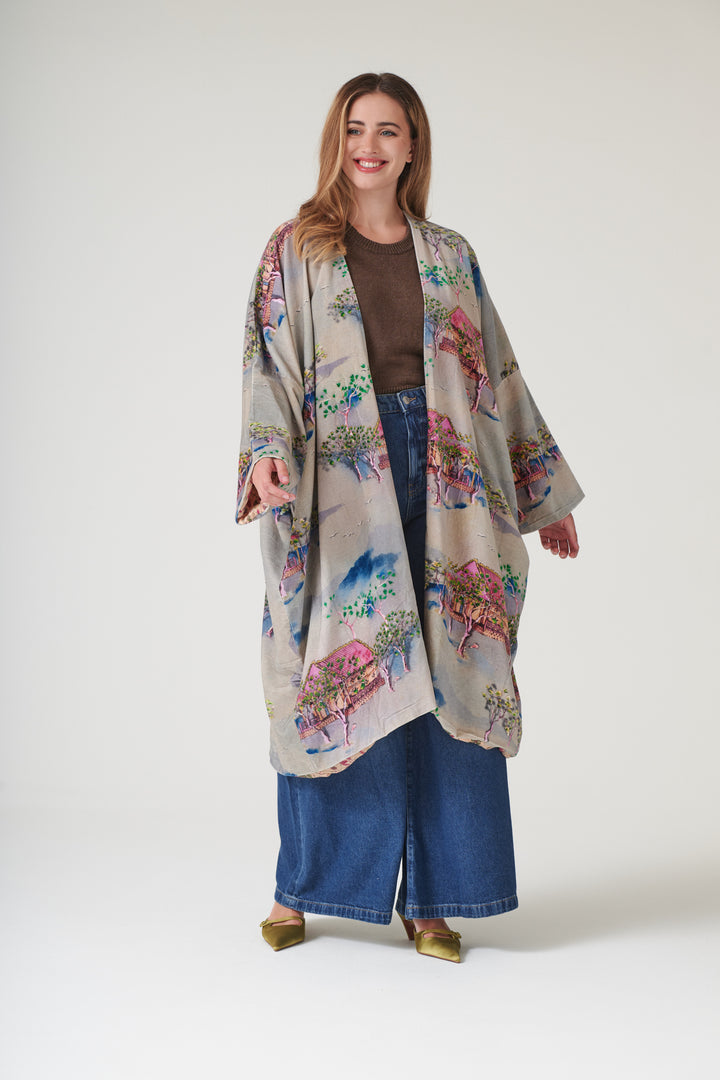 Oriental Landscape Grey Velvet Grande Kimono