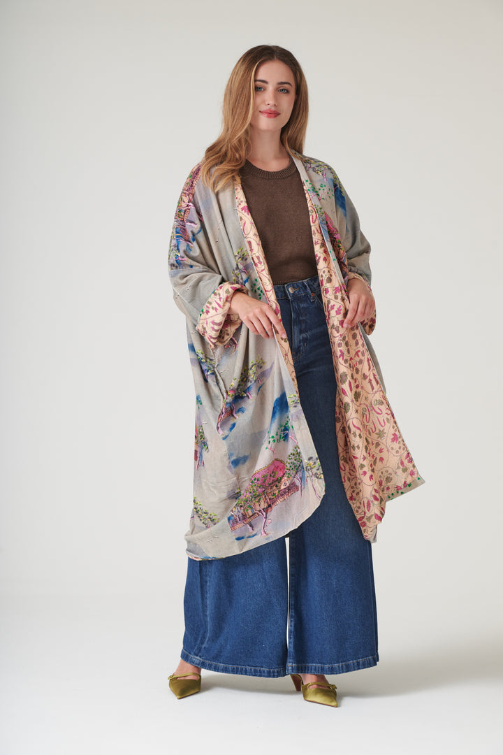 Oriental Landscape Grey Velvet Grande Kimono