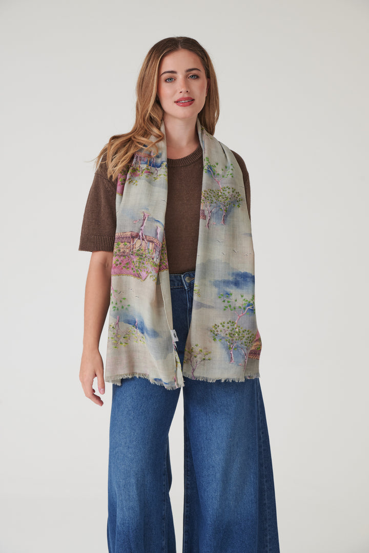 Oriental Landscape Grey Wool Scarf
