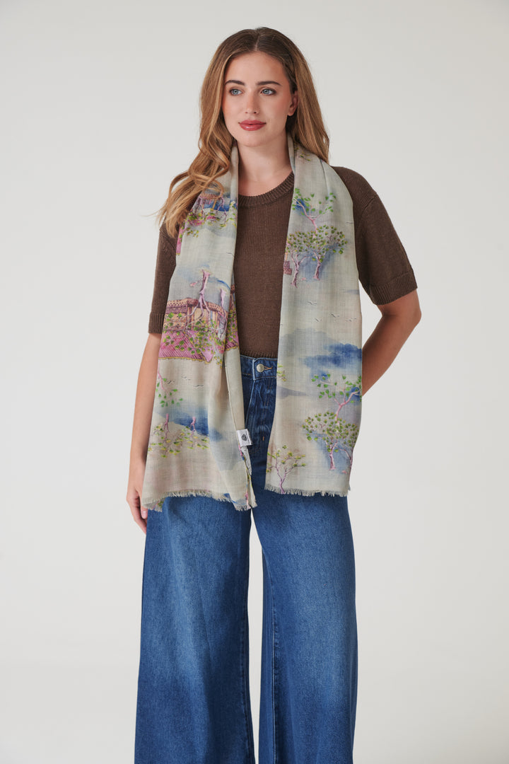 Oriental Landscape Grey Wool Scarf