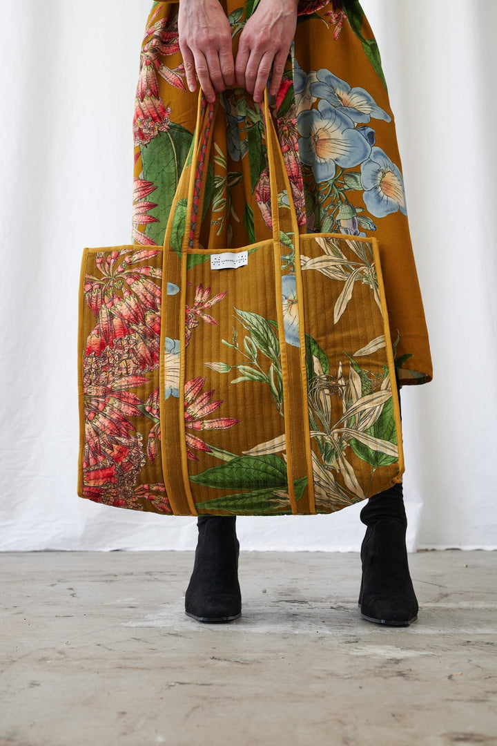 Rhodoleia Gold Canvas Quilted Tote Bag