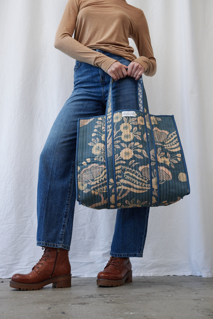 Rosa Blue Canvas Quilted Tote Bag