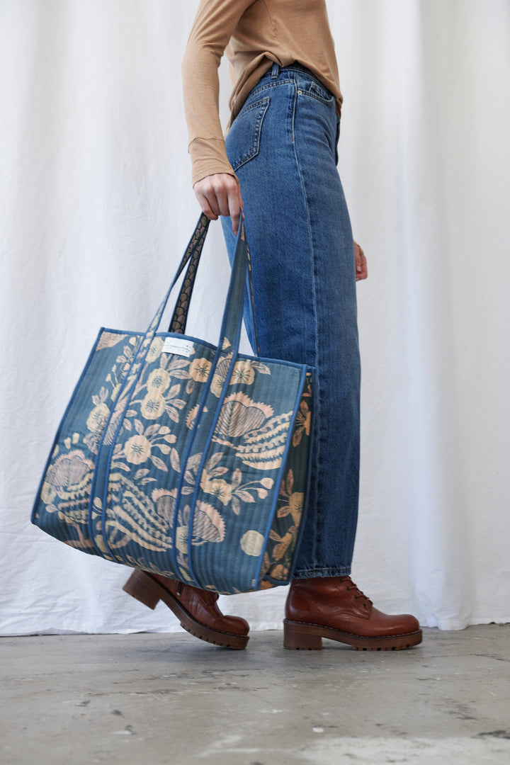 Rosa Blue Canvas Quilted Tote Bag