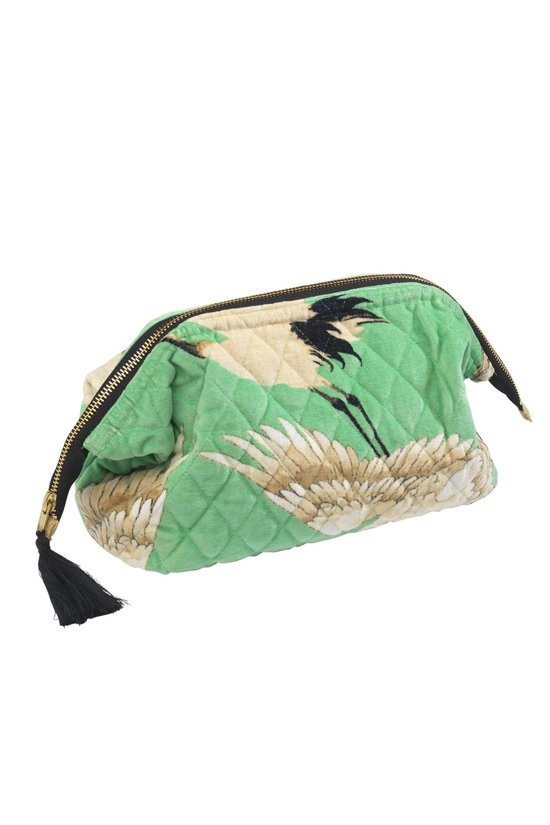 Women's accessories, gifts for her. Velvet make-up bag clutch bag in pea green and white stork print by One Hundred Stars