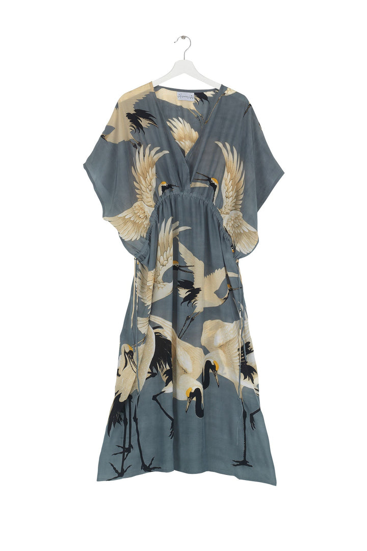 Women's lightweight beach cover up dress with tie waist in slate grey and white stork print by One Hundred Stars