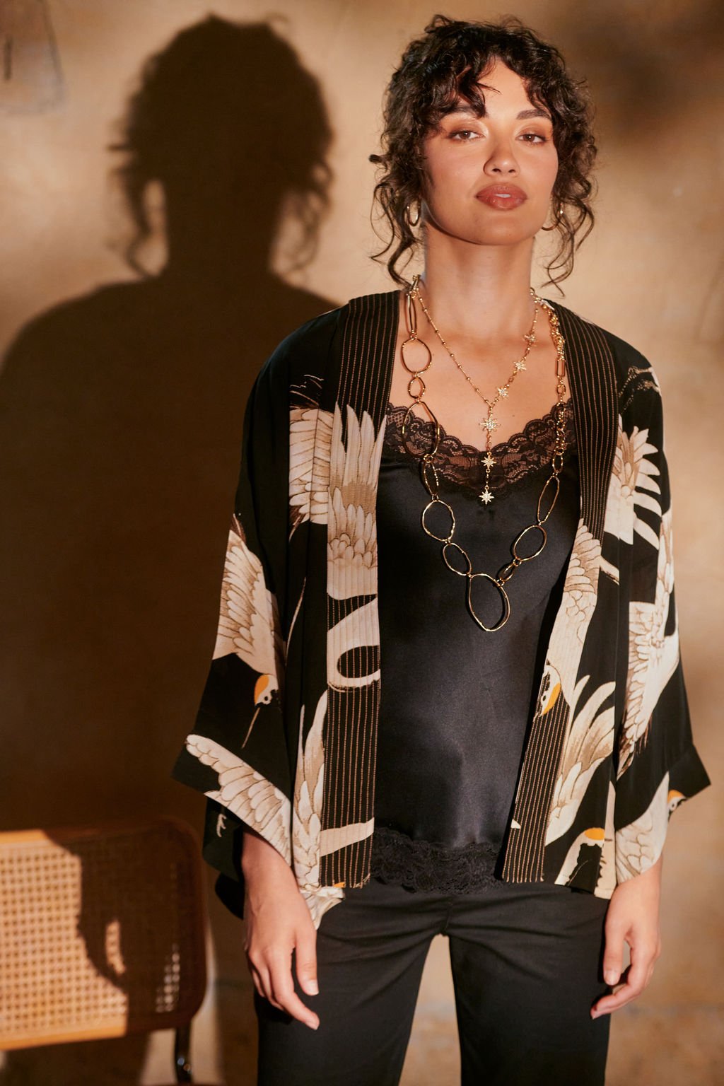 Stork Black Crepe Kimono