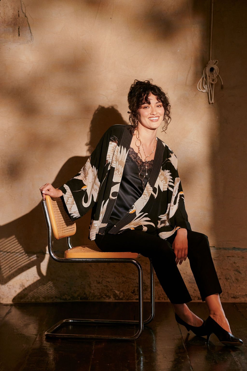 Stork Black Crepe Kimono