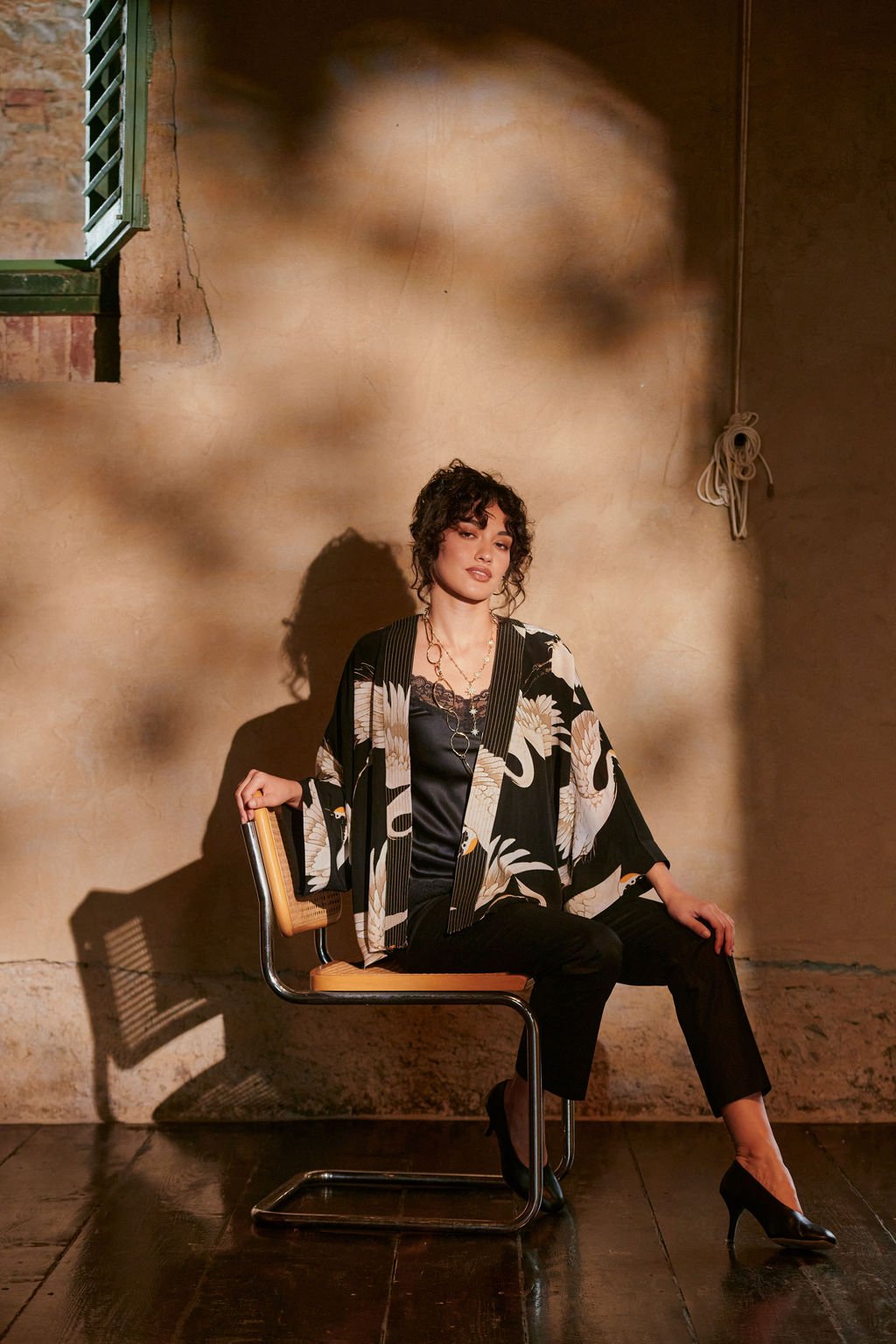 Stork Black Crepe Kimono