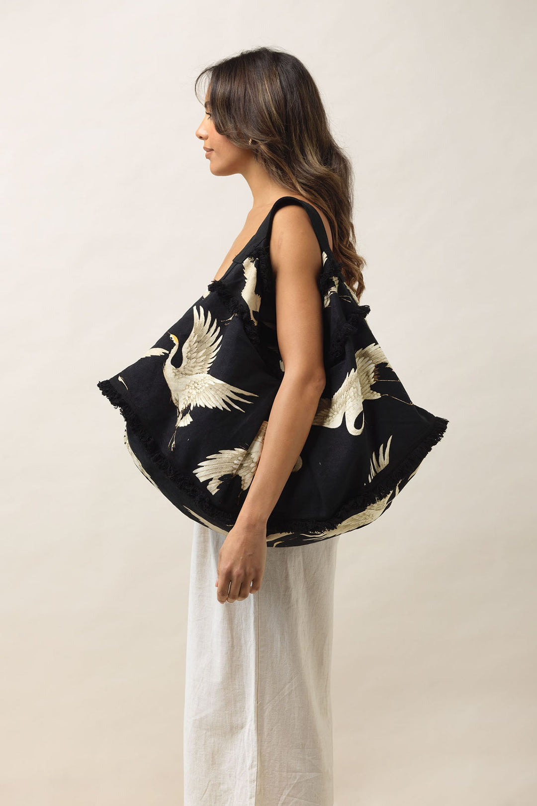 ladies large slouch bag cotton Stork Black Print by One Hundred Stars