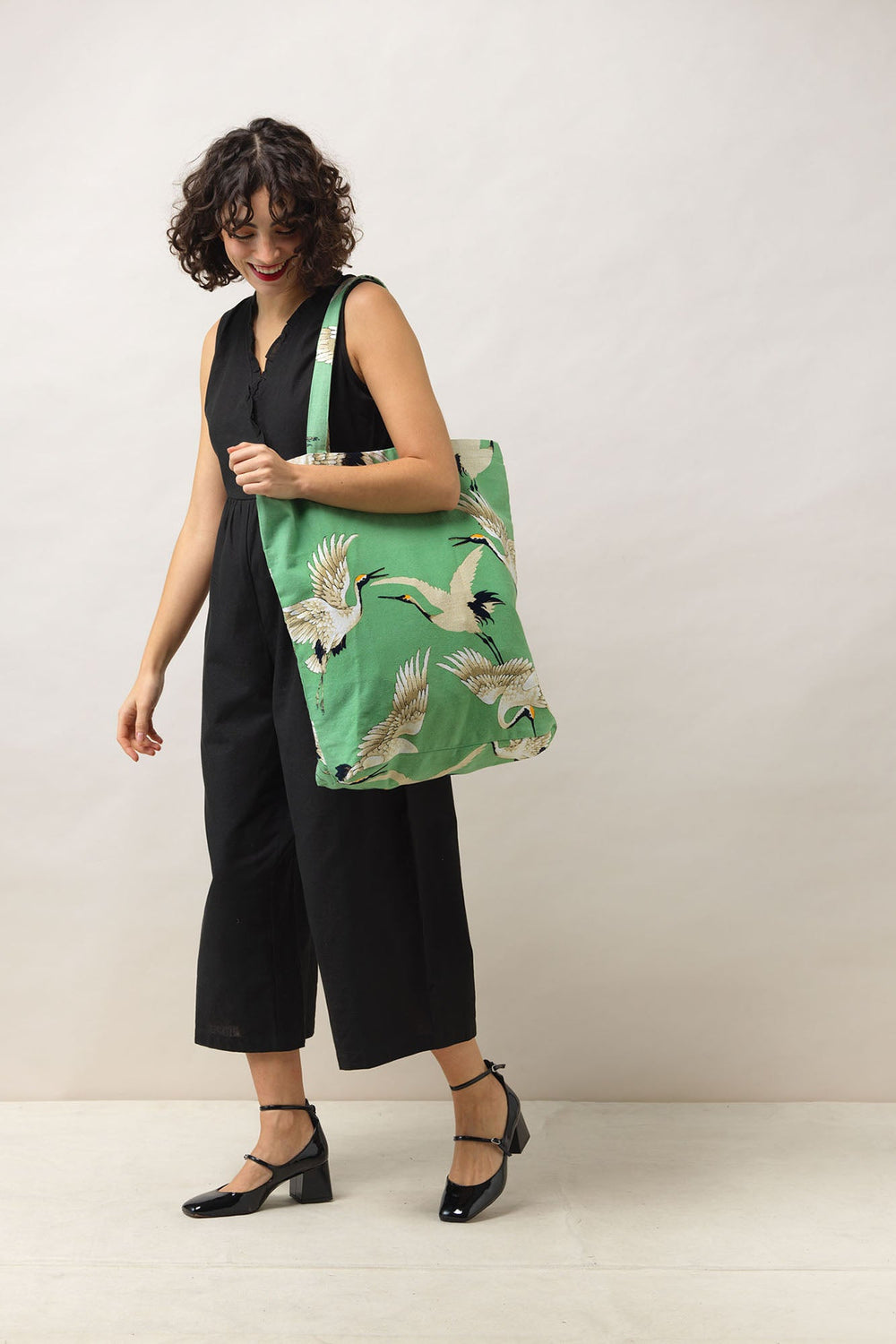 Women's accessories, gifts for her. Canvas tote bag sustainable shopping bag or beach bag in pea green and white stork print by One Hundred Stars