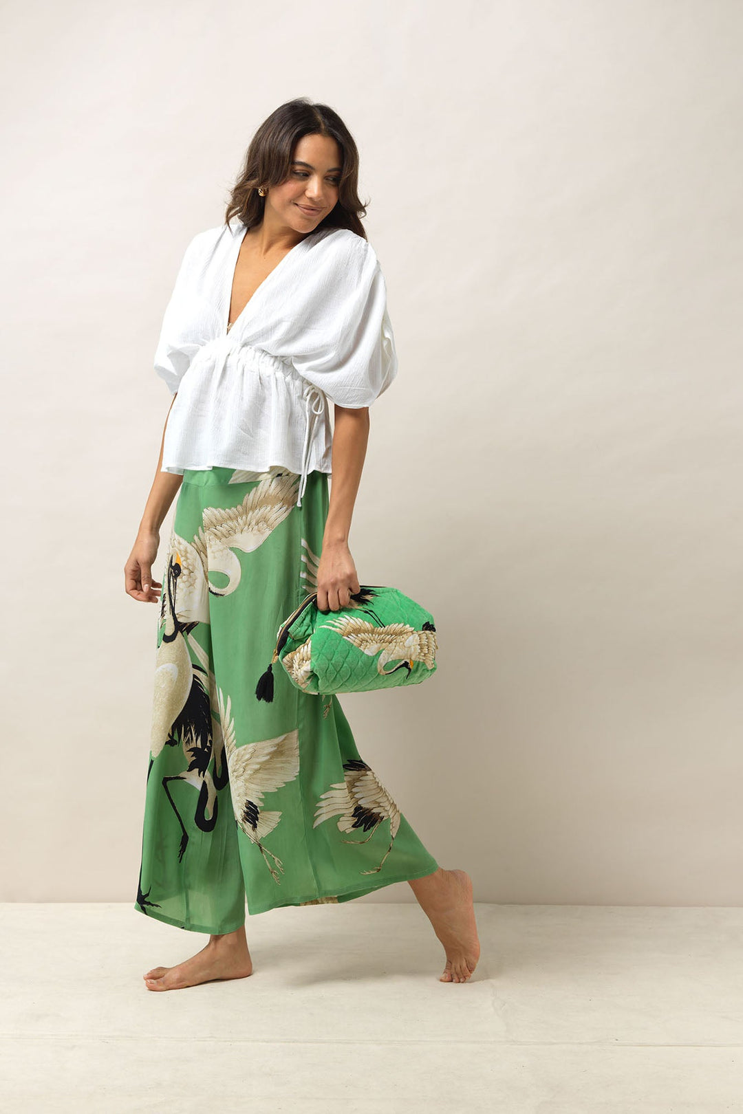 Women's palazzo pants trousers crepe in in pea green and white stork print by One Hundred Stars