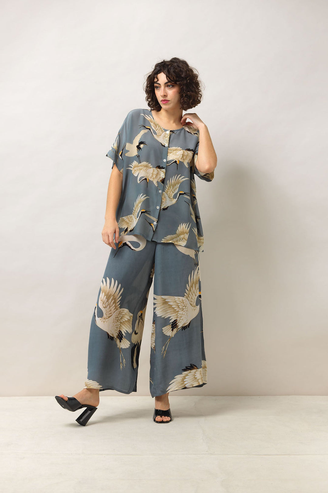 Women's short sleeve button up blouse in slate grey and white stork print by One Hundred Stars