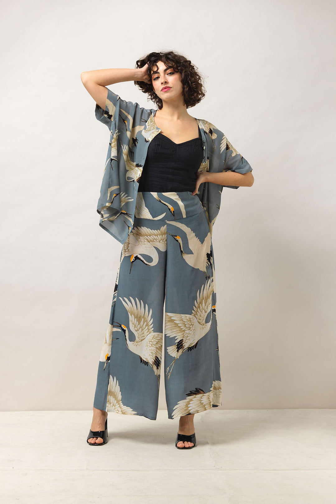 Women's short sleeve button up blouse in slate grey and white stork print by One Hundred Stars