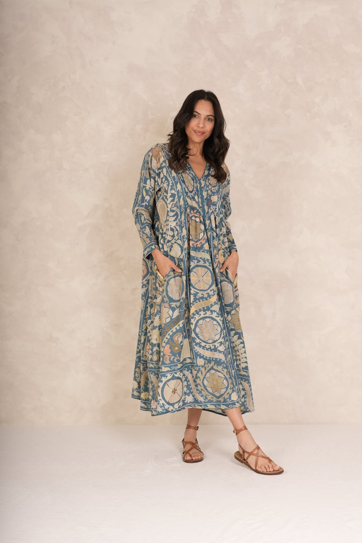 Susani Blue Pinch Pleat Dress