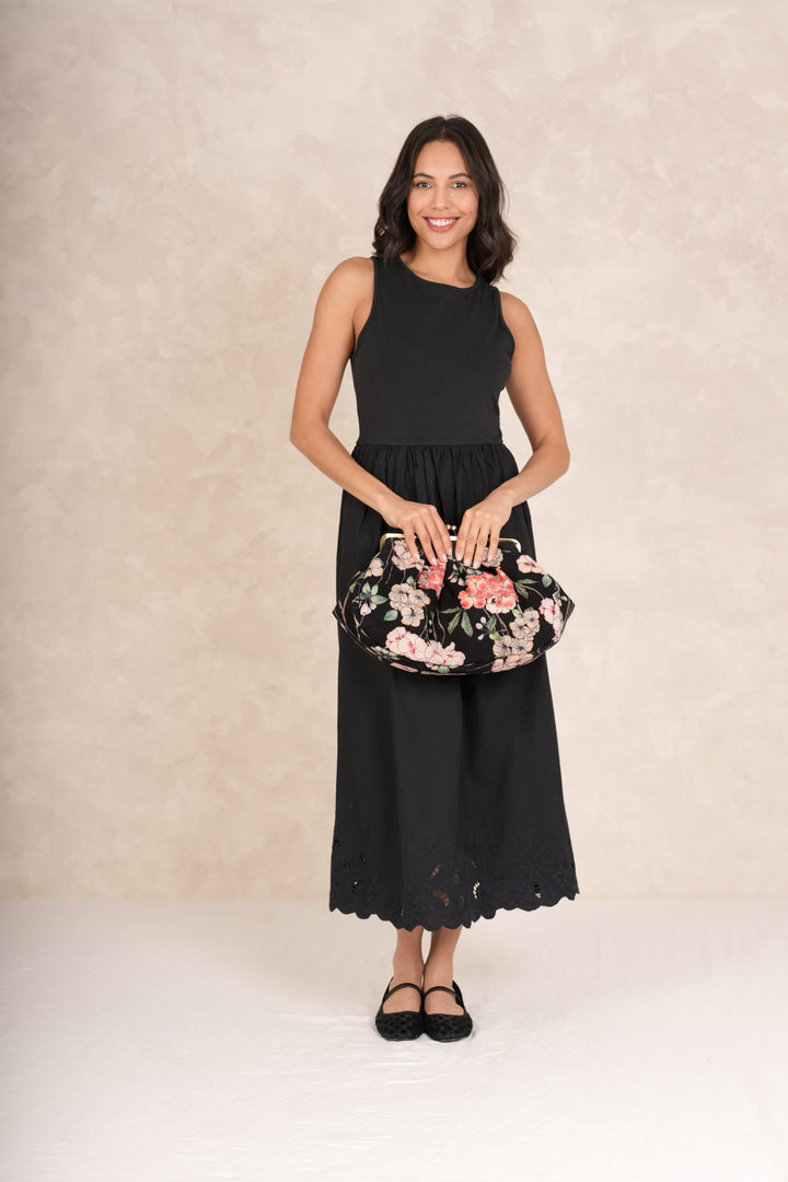 Trailing Blossom Black Kiss Lock Clutch Bag