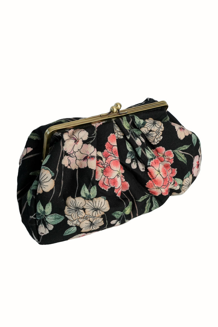Trailing Blossom Black Kiss Lock Clutch Bag