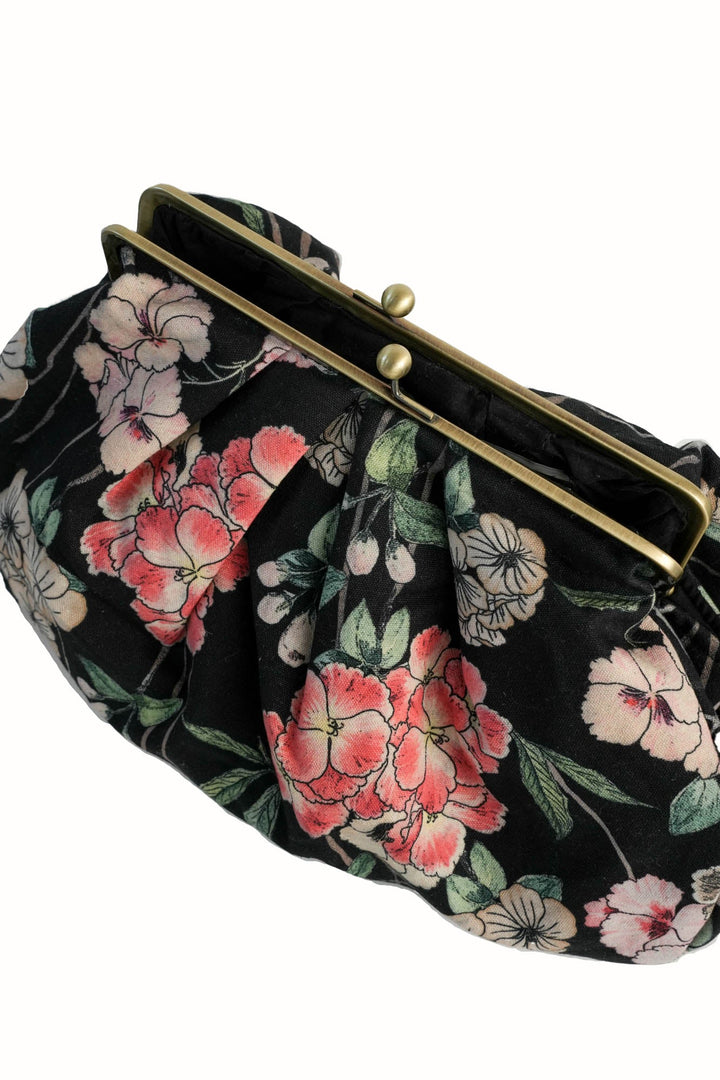 Trailing Blossom Black Kiss Lock Clutch Bag