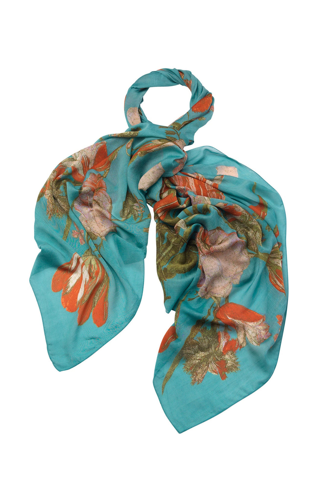 Women's accessories, gifts for her. Large scarf in blue with tulip floral print by One Hundred Stars