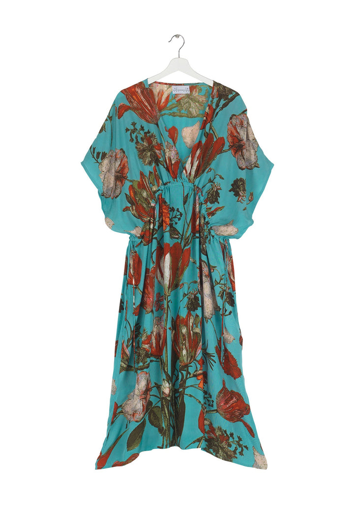 Women's lightweight beach cover up dress with tie waist in blue with tulip floral print by One Hundred Stars