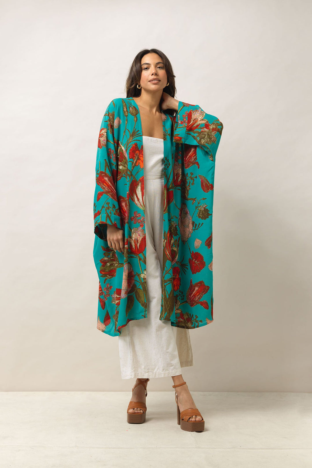 Women's long kimono style jacket in Tulip Blue print by One Hundred Stars