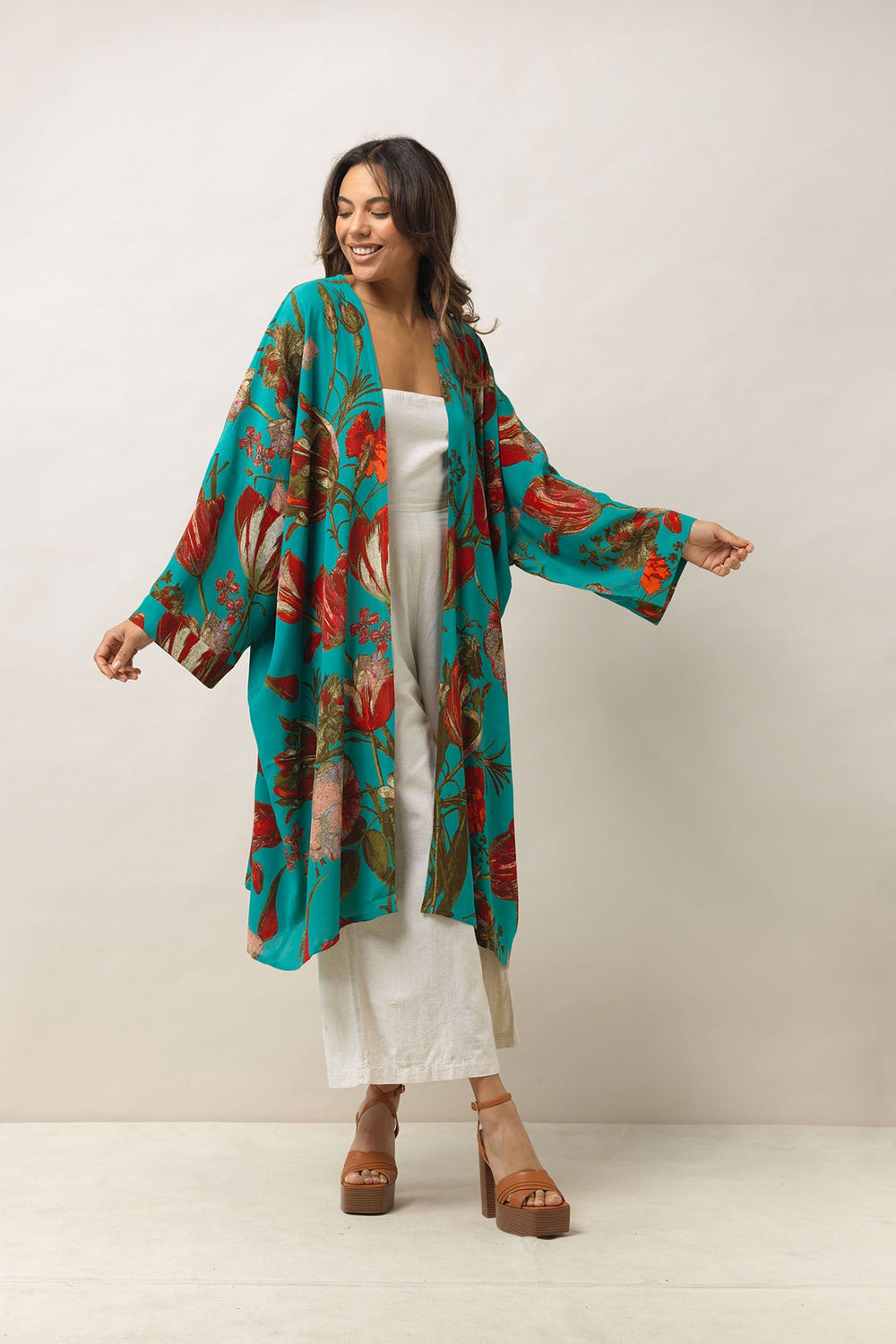Women's long kimono style jacket in Tulip Blue print by One Hundred Stars