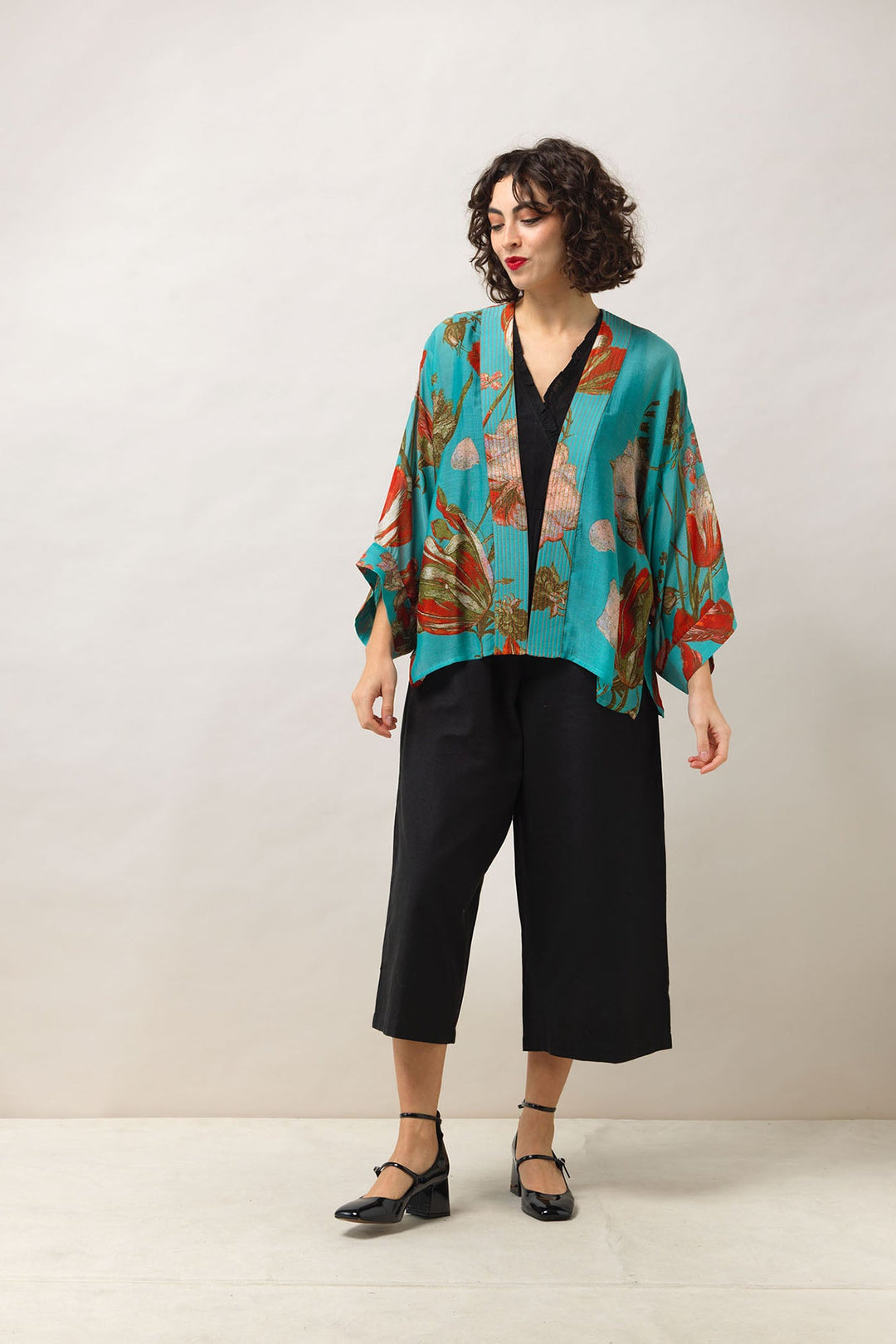 Women's short kimono in blue with tulip floral print by One Hundred Stars