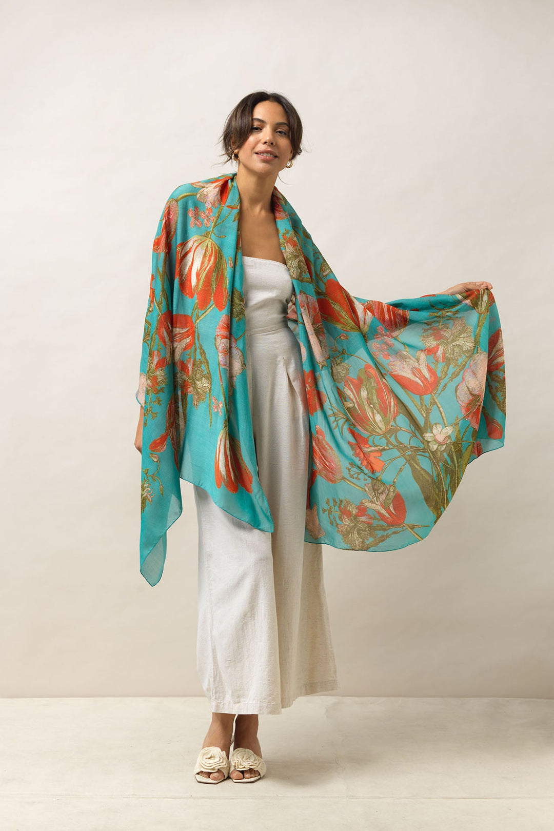 Women's accessories, gifts for her. Large scarf in blue with tulip floral print by One Hundred Stars
