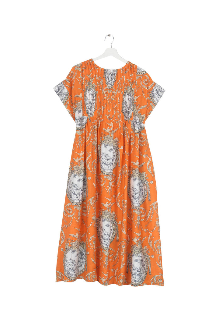 Women's short sleeve pleated dress in orange with valentine floral print by One Hundred Stars