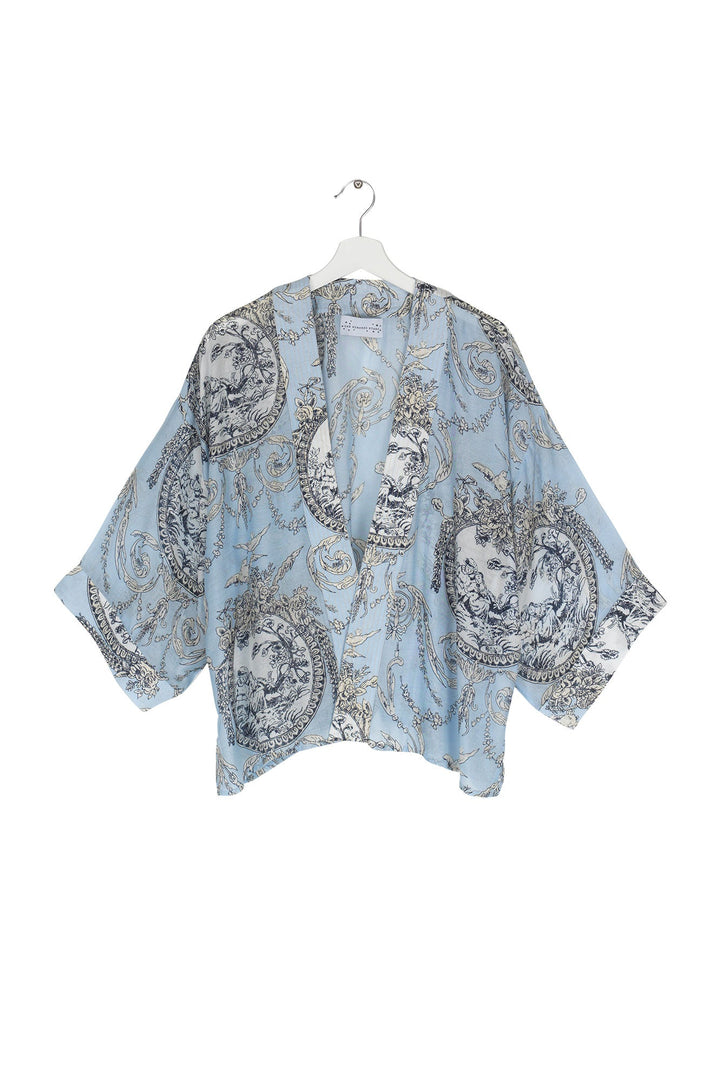 Women's short kimono in sky blue with valentine floral print by One Hundred Stars
