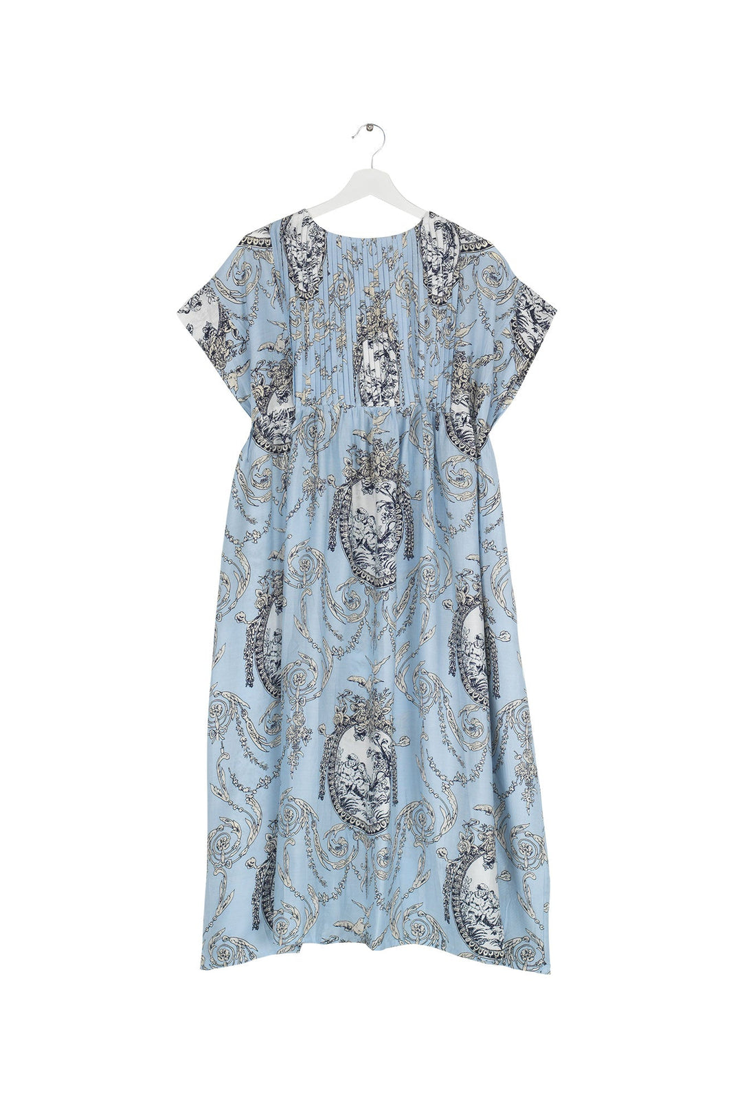 Women's short sleeve pleated dress in sky blue with valentine floral print by One Hundred Stars