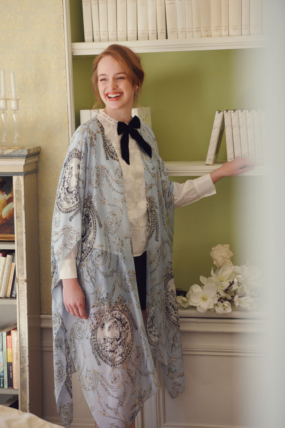 Women's throwover lightweight shawl in sky blue with valentine floral print by One Hundred Stars