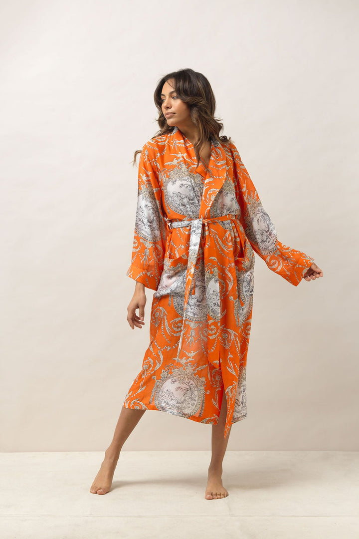 Women's loungewear gown in orange with valentine floral print by One Hundred Stars
