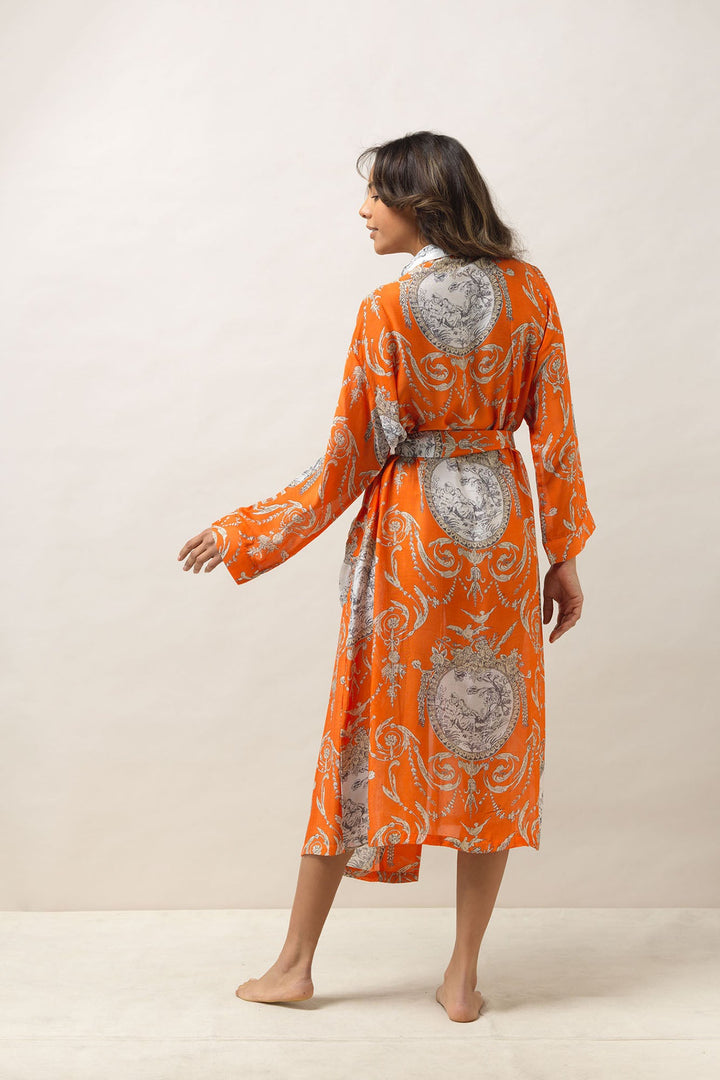 Women's loungewear gown in orange with valentine floral print by One Hundred Stars