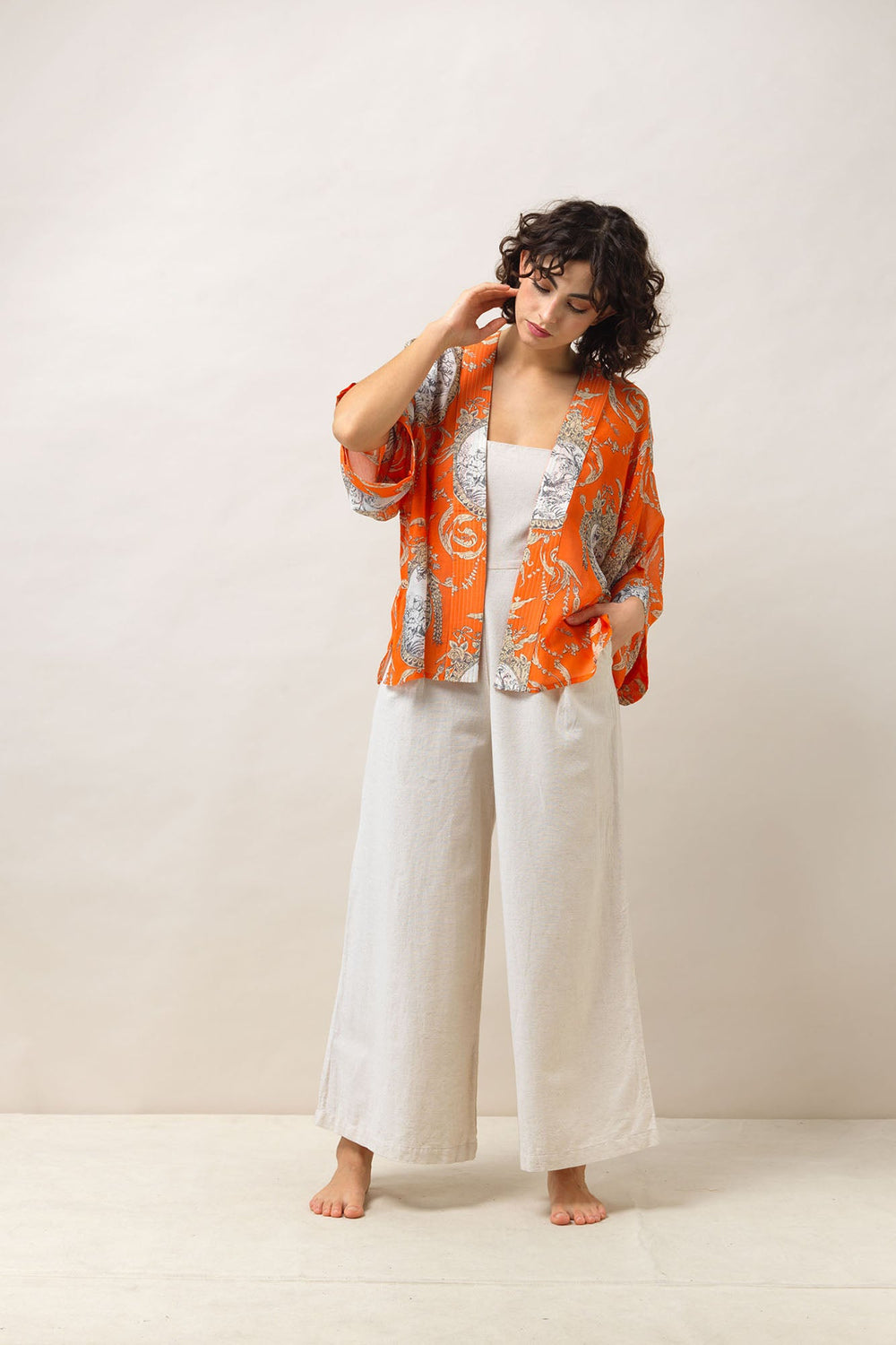 Women's short kimono in orange with valentine floral print by One Hundred Stars