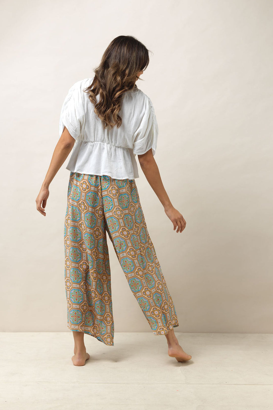 Women's palazzo trouser pants in vintage tiles blue print by One Hundred Stars