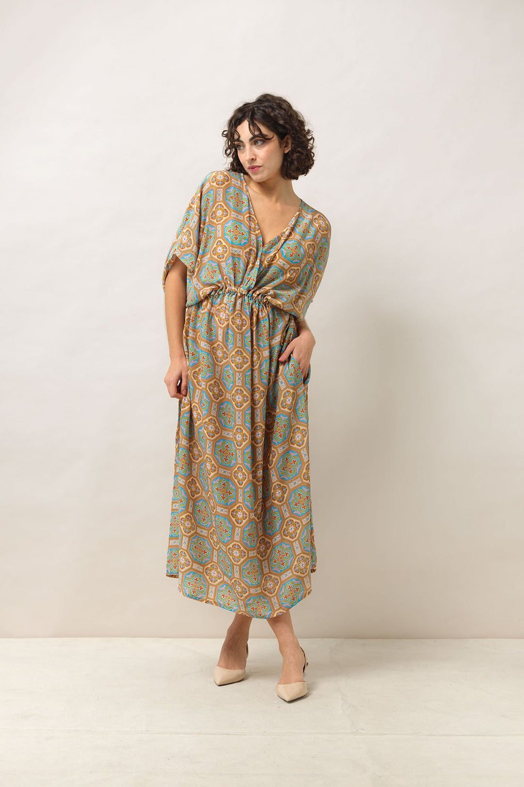 Women's lightweight beach cover up dress in vintage tiles blue print by One Hundred Stars