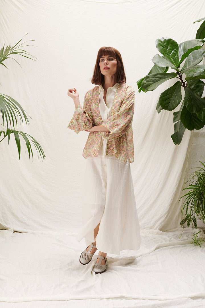 pink geometric print short kimono by one hundred stars