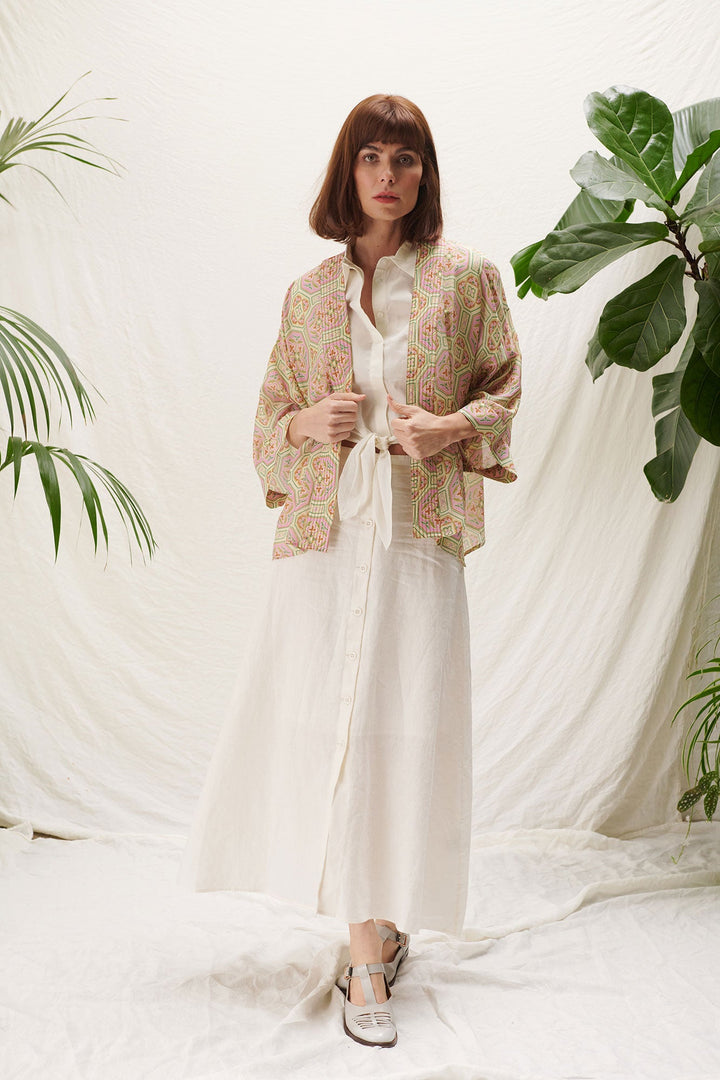 pretty pink geometric short kimono by one hundred stars