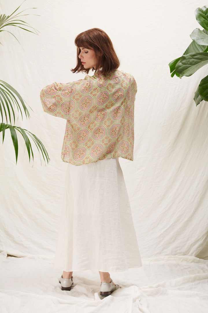 pink geometric print kimono ethically and sustainable made 