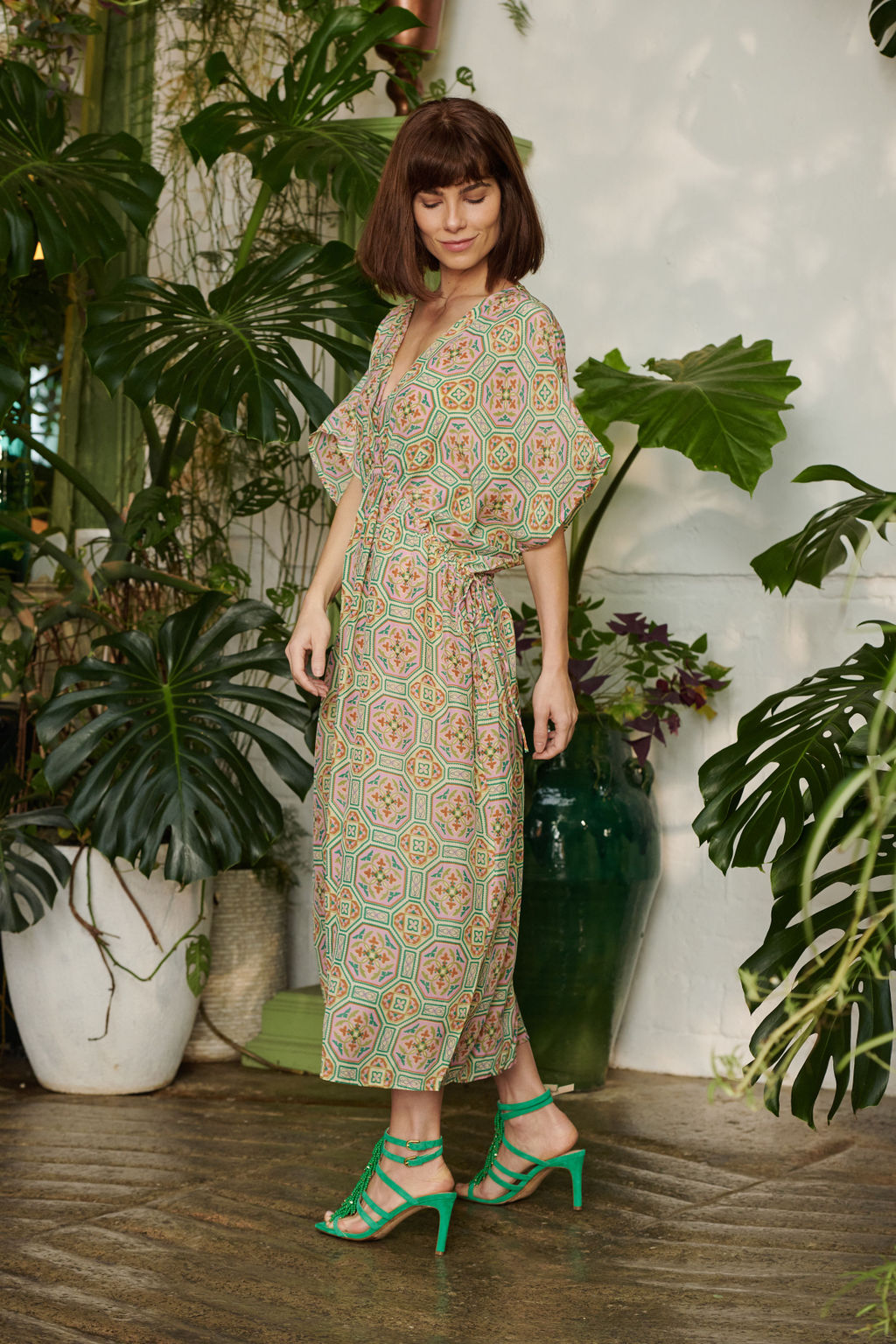 geometric pink and green printed summer dress by one hundred stars